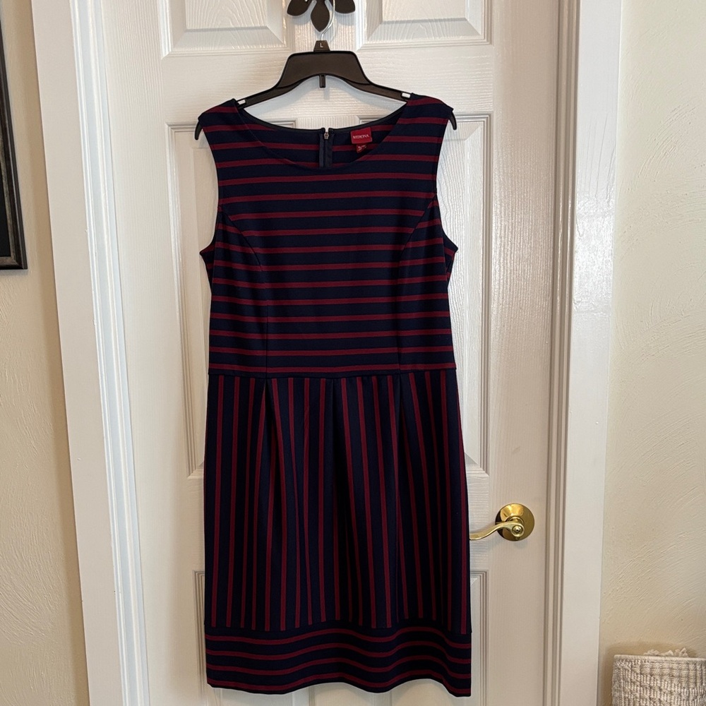 Merona Navy and Red Striped Midi Dress Pockets Back Zip EUC Size XL